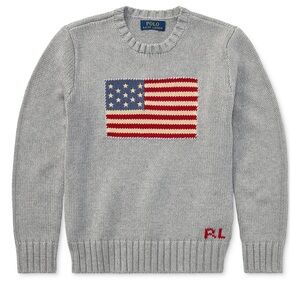 Iconic Polo by Ralph Lauren Gray Knit Flag Pullover Sweater